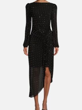 Alex Marie Black Long-Sleeve Asymmetric Ruched Midi Dress